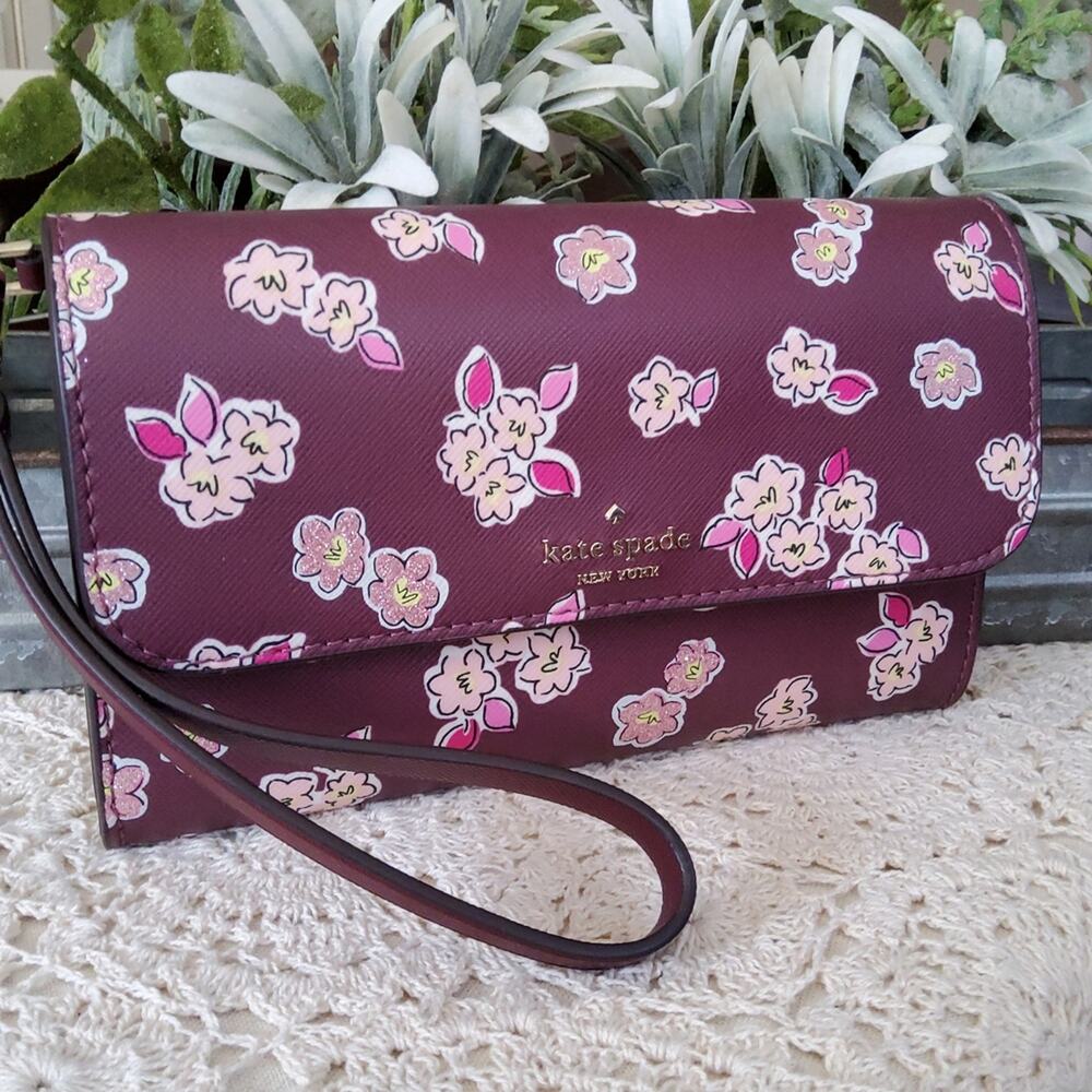 New Women's Kate Spade Phone Wallet Wristlet Purse Berry Frosted Floral Glitter